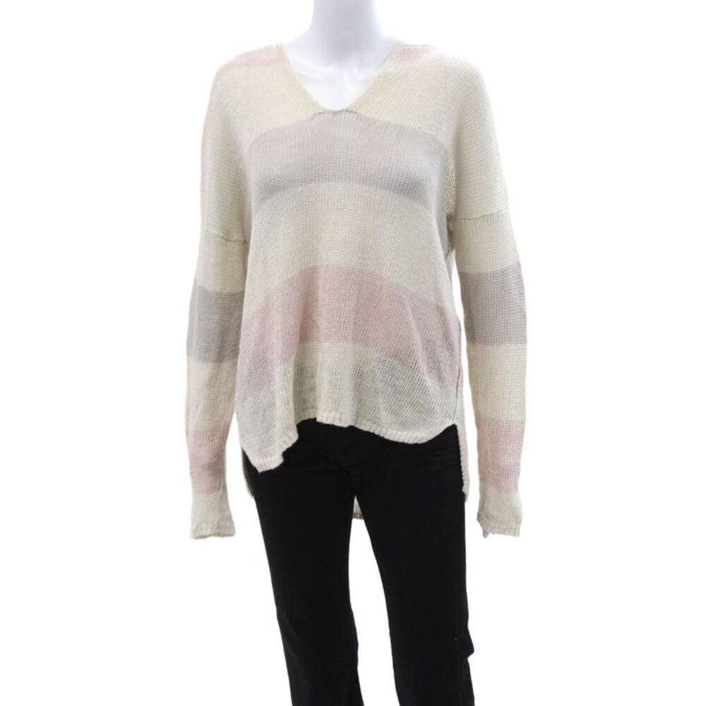 360 Sweater Unisex Beige Striped V-Neck Linen Pullover Size S